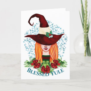 Tarjeta Festiva Bendito Yule Acogedor Solsticio de Invierno Bruja 