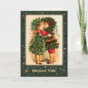 Tarjeta Festiva Bendito Yule. Niños besos vintage