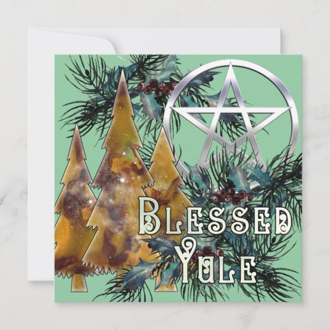 Tarjeta Festiva Bendito Yule Silver Pentacle Holly y Pine (Anverso)
