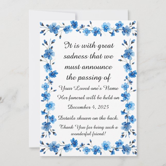 Tarjeta Festiva Bereavement Funeral Notification of Passing Card (Anverso)