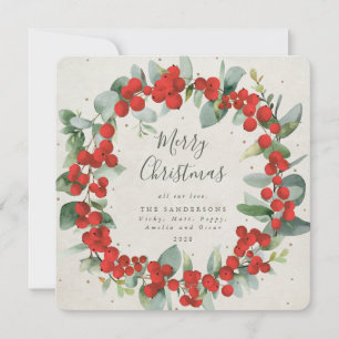 Tarjeta Festiva Berias rojas cuadradas + guerra de Navidades eucal
