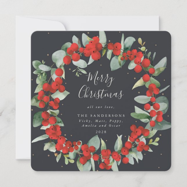 Tarjeta Festiva Berias rojas cuadradas + guerra de Navidades eucal (Anverso)