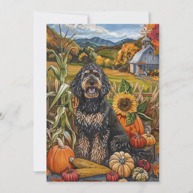 Tarjeta Festiva Bernedoodle Dog Autumn Harvest Acción de Gracias (Anverso)