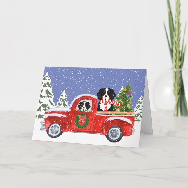 Tarjeta Festiva Berner Perro Camión Rojo Navidades Personalizados (Anverso)