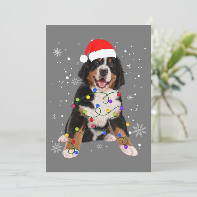 Tarjeta Festiva Bernese Mountain Dog ilumina a Navidades coincidie (Anverso de pie)