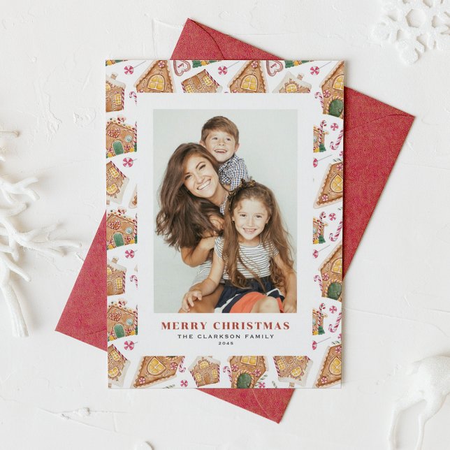 Tarjeta Festiva Berries acuarelas y Navidades verdes foto (Festive Gingerbread House White Photo Christmas Holiday Card)