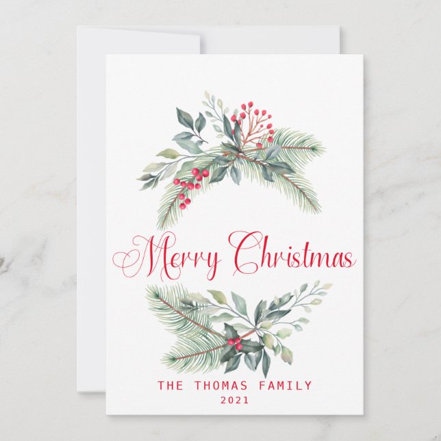 Tarjeta Festiva Berries De Acuarela Y Navidades De Wreath De Verdo (Anverso)
