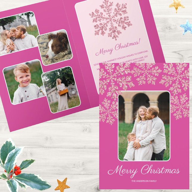 Tarjeta Festiva Berry Bling Snowflake Moda de guión de moda 5 Foto (Personalized 5 photo greeting cards in deep berry pink with faux glitter snowflakes)