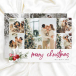 Tarjeta Festiva Berry Calligraphy Merry Christmas 7 Photo<br><div class="desc">Celebre la temporada con nuestra tarjeta de Navidades muy personalizada, perfecta para compartir la alegría de su familia. La parte delantera de la tarjeta muestra cinco de tus fotos favoritas, creando una sincera muestra de momentos apreciados. Debajo de las fotos, un delicado ilustracion de baya acuática enmarca el saludo festivo...</div>