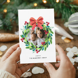 Tarjeta Festiva Berry de color de agua y Wreath holly