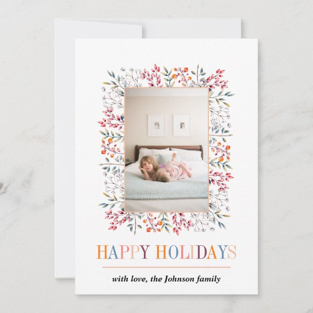 Tarjeta Festiva Berry, melocotón de hojas Felices vacaciones Navid (Anverso)