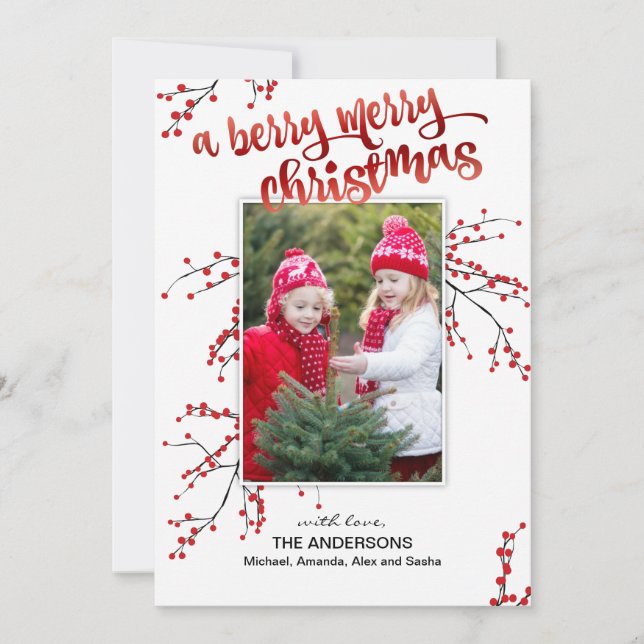 Tarjeta Festiva Berry Merry Christmas with Your Photo (Anverso)
