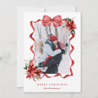 Tarjeta Festiva Berry Red Bow Frame Photo Christmas Holiday Card