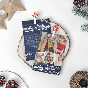 Tarjeta Festiva Berry Twig Blue Wood Collage de fotos Feliz Navida