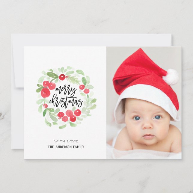 Tarjeta Festiva Berry Wreath Merry Christmas Water Photo (Anverso)