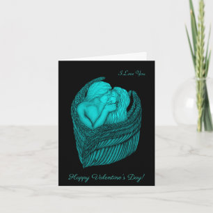 Tarjeta Festiva Besada de ángeles , diseño negro y verde