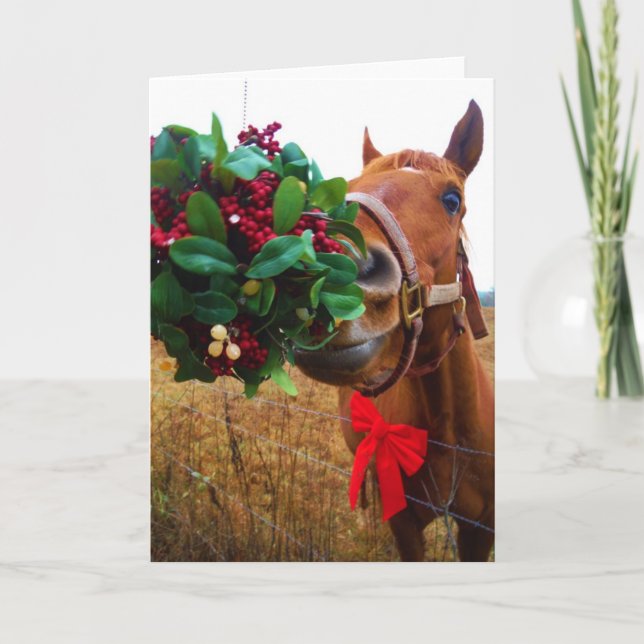 Tarjeta Festiva Besando caballo bajo Mistletoe (Anverso)
