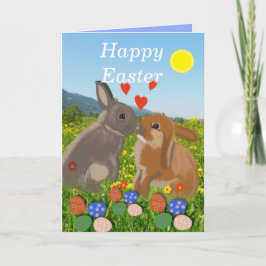 Tarjeta Festiva Besándose dos conejitos en la Pascua de la Flor