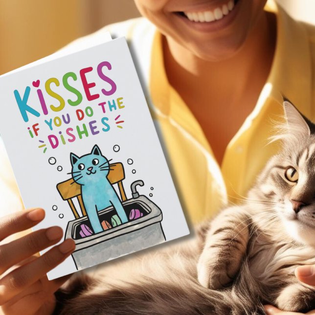 Tarjeta Festiva Besos si haces los platos adorables gatos lavándos (Subido por el creador)