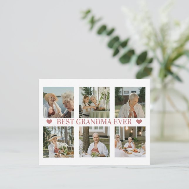 Tarjeta Festiva Best Grandma Ever Photo Collage – Gift with Hearts (Anverso de pie)