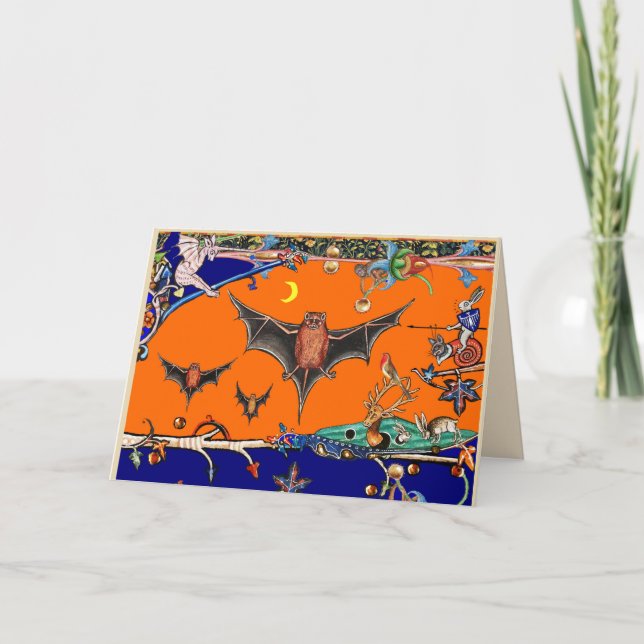 TARJETA FESTIVA BESTIARIO MEDIEVAL, BOSQUE DE MURCIÉLAGOS VOLADORE (Anverso)