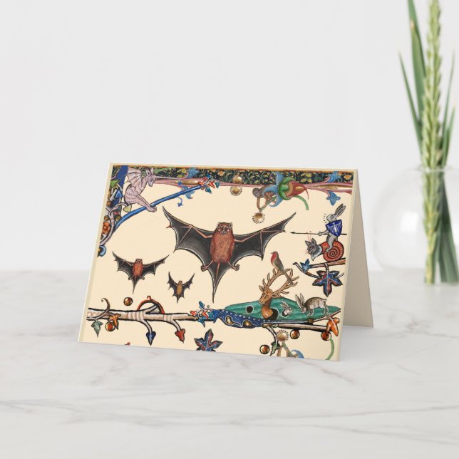 TARJETA FESTIVA BESTIARIO MEDIEVAL EXTRAÑO, BATES DE VOLACIÓN ANIM (Anverso)