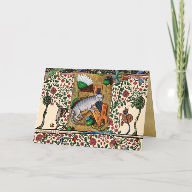 TARJETA FESTIVA BESTIARIO MEDIEVAL EXTRAÑO, MÚSICA, CAT JUGANDO ÓR (Anverso)