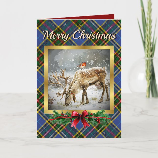 Tarjeta Festiva Bethune Stag y Robin Tartan personalizados (Anverso)