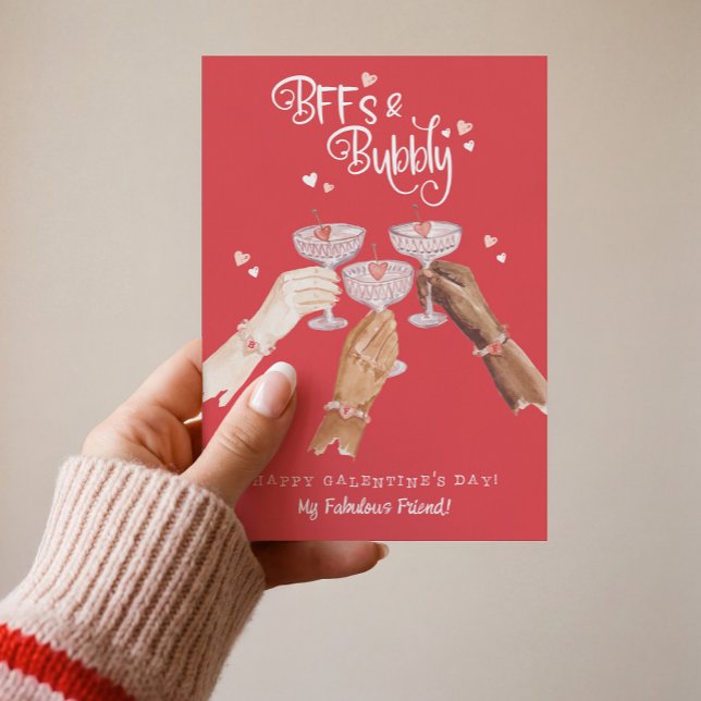 Tarjeta Festiva BFFs & Bubbly Happy Galentine's Day Cocktail Cheer (BFFs & Bubbly Happy Galentine's Day Cocktail Cheer Holiday Card)