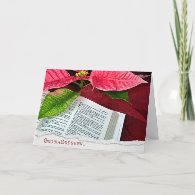 Tarjeta Festiva Biblia abierta con poinsettia (Anverso)