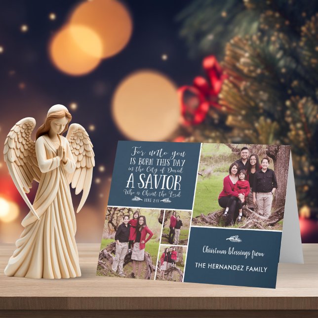 Tarjeta Festiva Biblia de Navidades azules rusos frente a foto fes (Rustic Blue Christmas Bible Verse Holiday Photo Christmas Card with Digital Download)