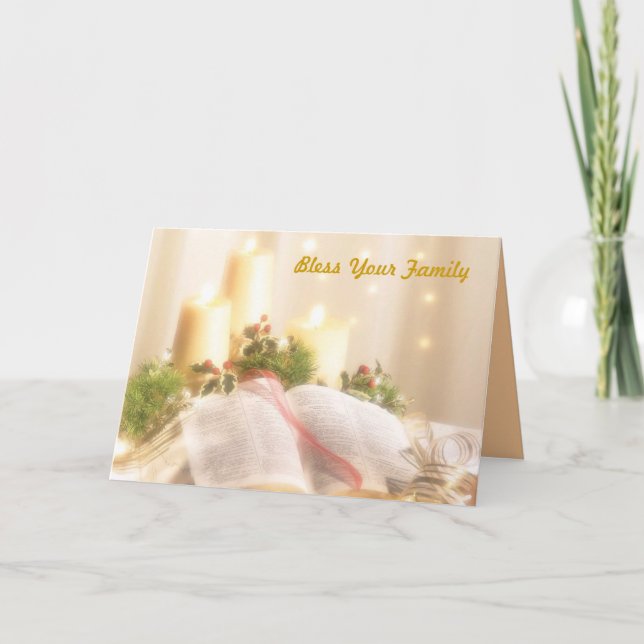 Tarjeta Festiva Biblia, velas y acebo - (Anverso)