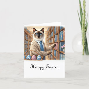 Tarjeta Festiva Biblioteca de gatos con canasta de huevos de Pascu