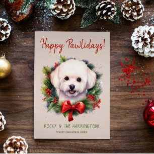 Tarjeta Festiva Bichon Frise Dog Navidades Felices Pawlidays