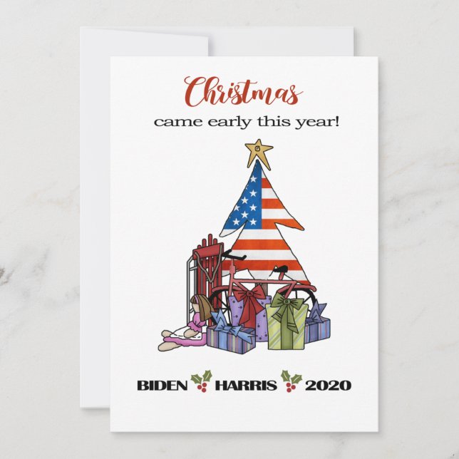 Tarjeta Festiva Biden/Harris 2020 Árbol de Navidad/Regalos Tempran (Anverso)