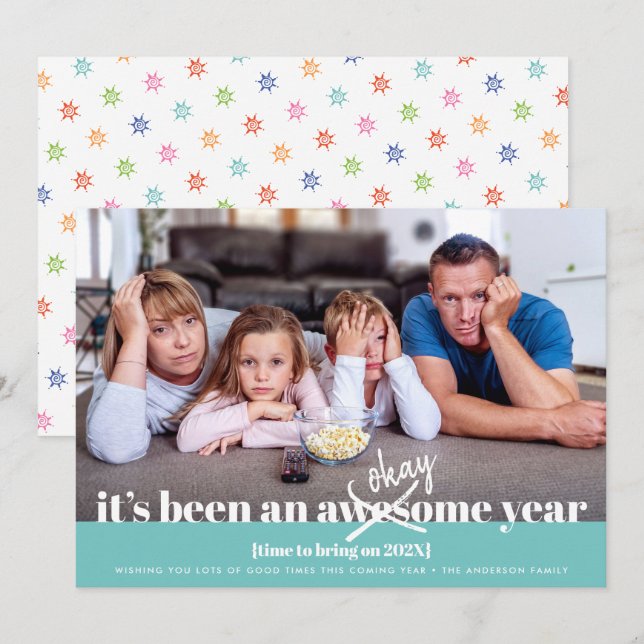 Tarjeta Festiva Bien Año Nuevo Audaz Moderno Funny Photo Turquoise (Anverso / Reverso)