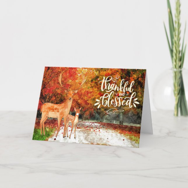 Tarjeta Festiva Bienaventurado y agradecido bosque de otoño (Anverso)