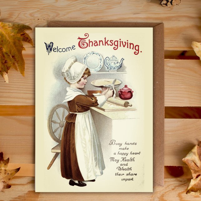 Tarjeta Festiva Bienvenida Personalizado Chica de peregrinos venti (Welcome Thanksgiving Vintage Pilgrim Girl Custom Holiday Card)