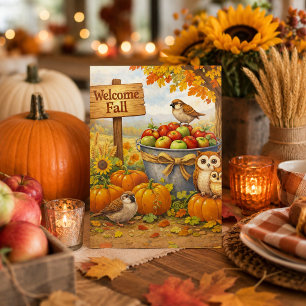 Tarjeta Festiva Bienvenido Otoño Calabaza Cosecha Bosque 