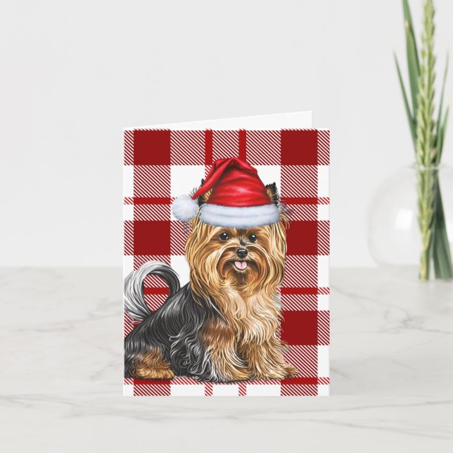 Tarjeta Festiva Biewer Terrier Dog Navidades Holiday Red Plaid (Anverso)