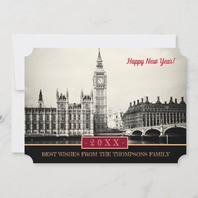Tarjeta Festiva ¡Big Ben London, Westminster y Feliz Año Nuevo! Ta (Anverso)