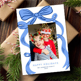 Tarjeta Festiva Big Bold Bright Blue Bow Christmas Photo