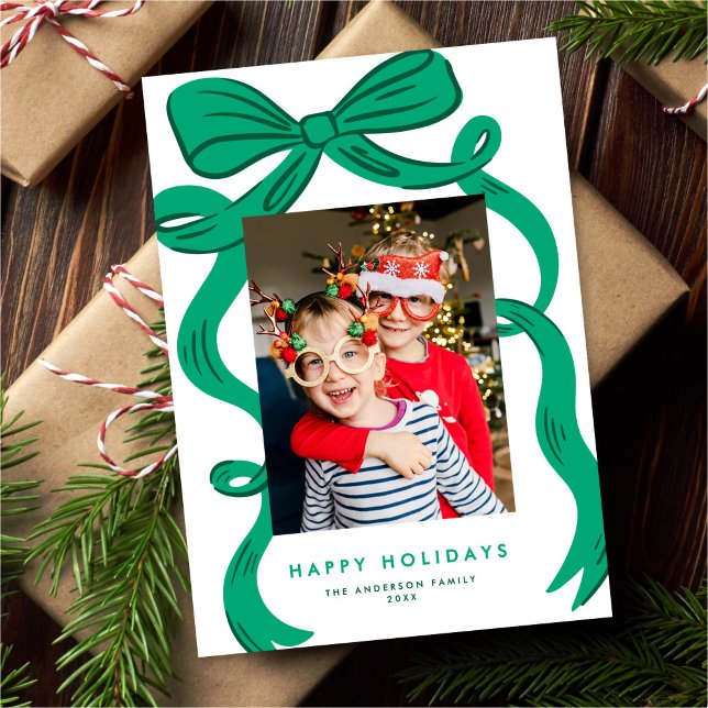Tarjeta Festiva Big Bold Bright Green Bow Christmas Photo (Subido por el creador)