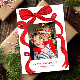 Tarjeta Festiva Big Bold Bright Red Bow Christmas Photo