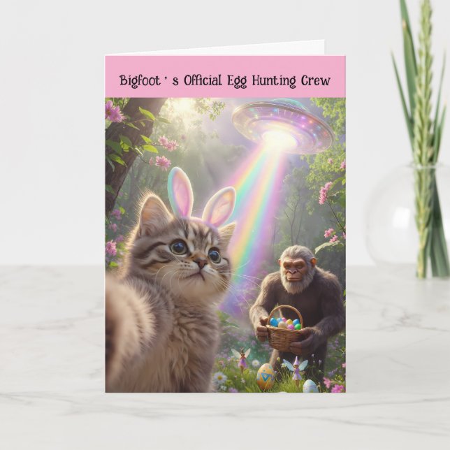 Tarjeta Festiva Bigfoot divertido OVNI de Pascua Selfie de gatito  (Anverso)