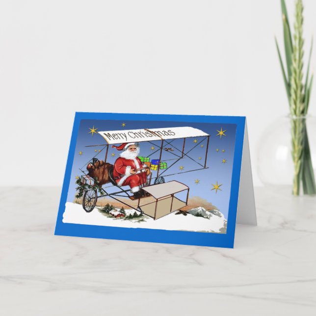 Tarjeta Festiva Biplano fresco Papá Noel del vintage (Anverso)