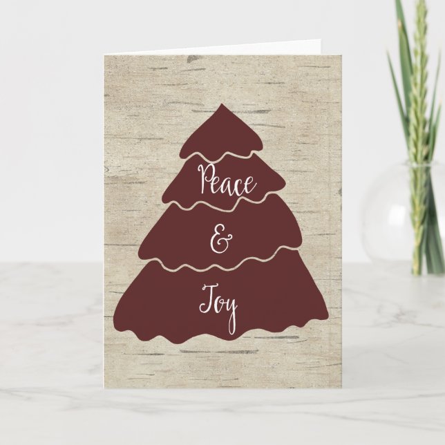 Tarjeta Festiva Birch Faux Wood Peace and Joy Tree (Anverso)