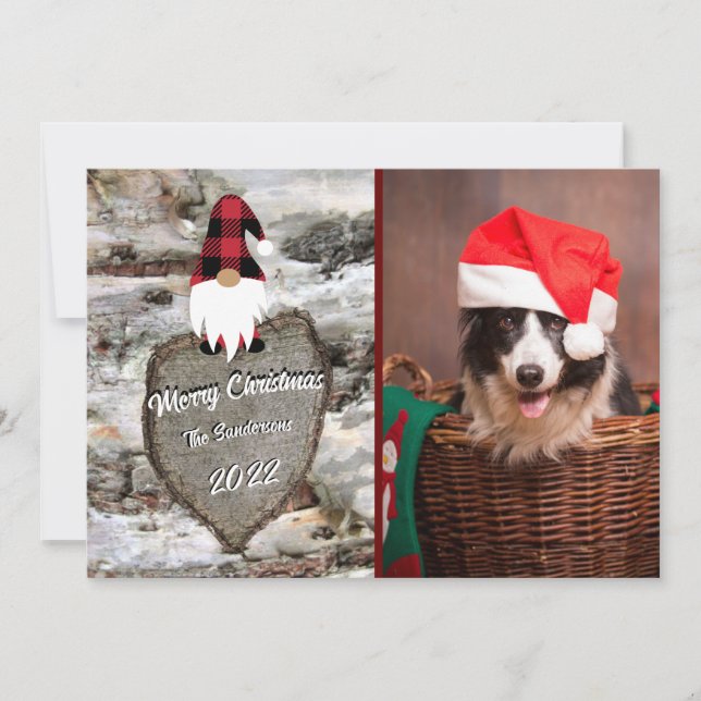 Tarjeta Festiva Birch Red Buffalo plaid Gnome Carved Heart photo (Anverso)