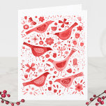 Tarjeta Festiva Bird Watercolor Rojo<br><div class="desc">Pájaros acuarelas rojas y flores sobre un fondo blanco. Puede cambiar el saludo y los nombres de dentro para personalizar. Arte original de Nic Squirrell.</div>