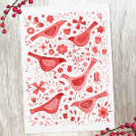 Tarjeta Festiva Bird Watercolor Rojo<br><div class="desc">Pájaros acuarelas rojas y flores sobre un fondo blanco. En la parte posterior puede cambiar el saludo y los nombres para personalizar. Arte original de Nic Squirrell.</div>